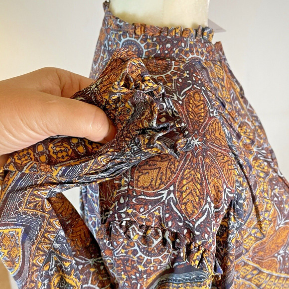 Free People Little Runaway Geometric Print Boho Peasant Top Blouse Size XS Brown - Picture 6 of 12